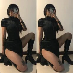 Gothic Black Mandarin Dress(Gothic Black Mandarin Dress) -Crewskull gothic black mandarin dress 884