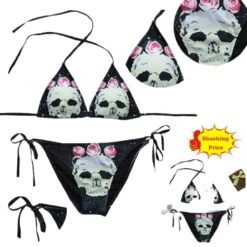 Skull And Pink Flower Bikini(Skull And Pink Flower Bikini) -Crewskull skull and pink flower bikini 738